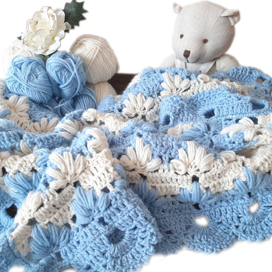 Copertina neonato lana panna azzurro artigianale all'uncinetto TULIP POUFF