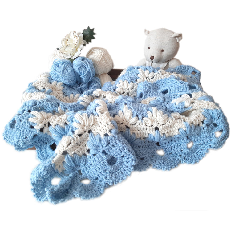 Copertina neonato lana panna azzurro artigianale all'uncinetto TULIP POUFF