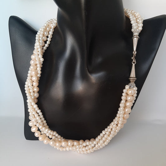 Collana torchon in perle coltivate di fiume bianche rosate chiusura in argento 925 mod 2