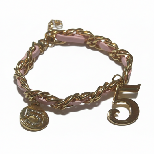 Bracciale in metallo tono oro e ecopelle rosa n. 5