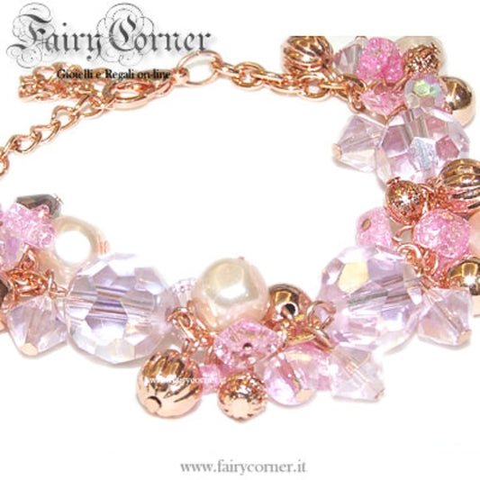 bracelet with rose gold tone charms, pearls and pink faceted crystals