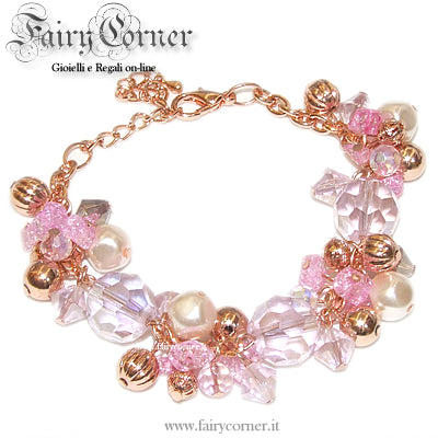 bracciale charms tono oro rosa perle e cristalli sfaccettati rosa