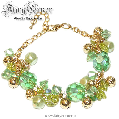 bracciale charms tono oro perle e cristalli sfaccettati verde