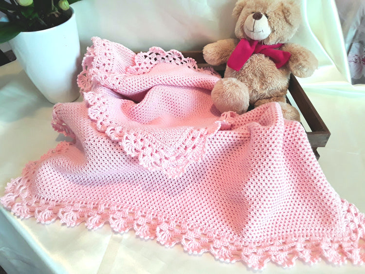 Copertina neonata rosa a maglia con pizzo uncinetto artigianale - Fairy Corner