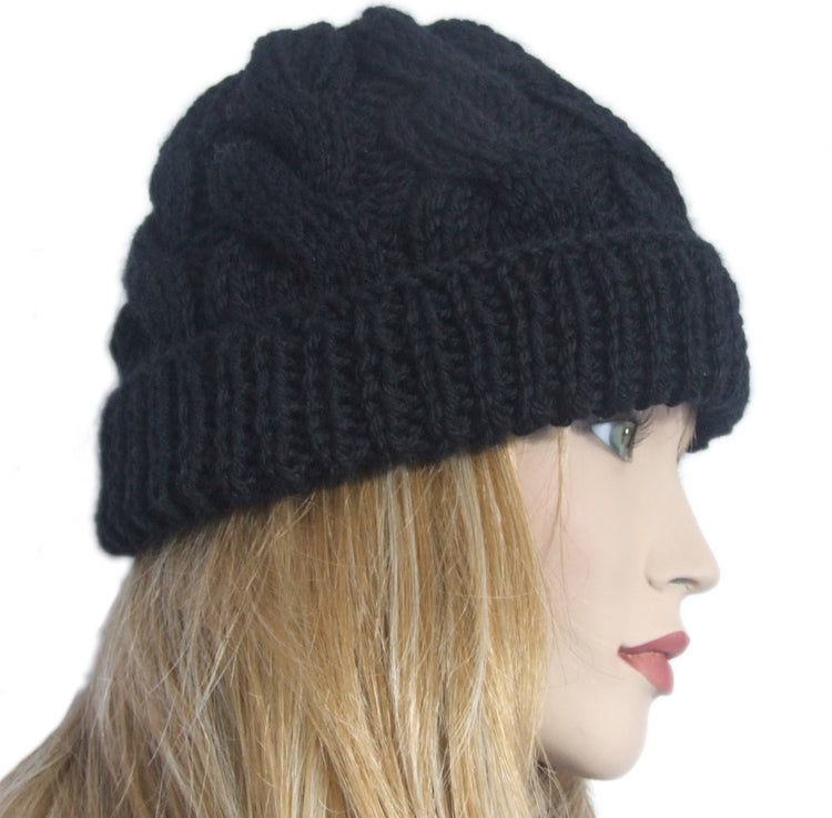 Berretto cappello donna lana Trecce con rovescia artigianale - nero