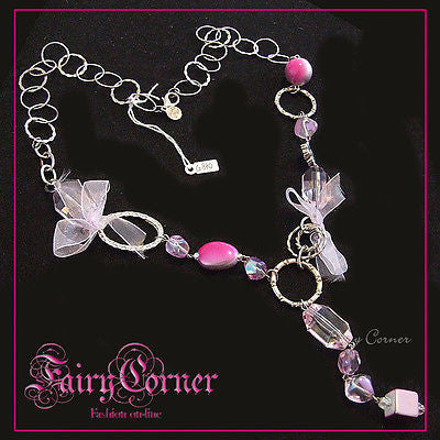 Collana donna lunga metallo anallergico tono argento con pietre rosa e fiocchi - Fairy Corner