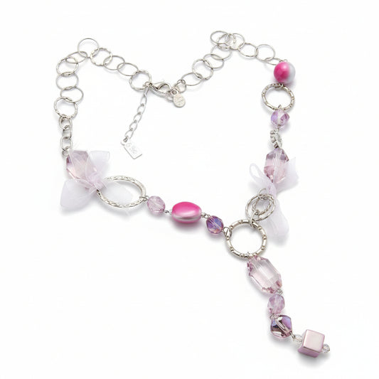 Collana donna lunga metallo anallergico tono argento con pietre rosa e fiocchi - Fairy Corner