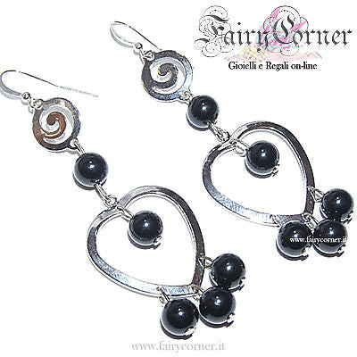 Orecchini donna tono argento chandelier perle nere - Fairy Corner