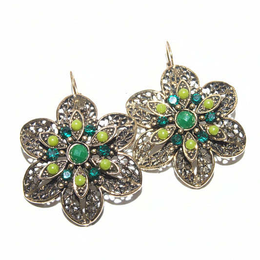 antique gold tone flower earrings with rhinestones and green stones