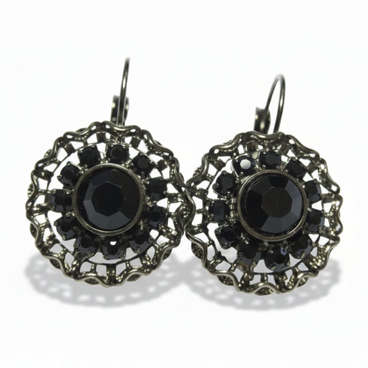 orecchini donna tono anticato rosone victorian style strass neri - Fairy Corner