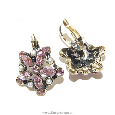 orecchini donna fiore tono anticato perline strass pietre rosa victorian style - Fairy Corner