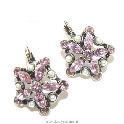 orecchini donna fiore tono anticato perline strass pietre rosa victorian style - Fairy Corner