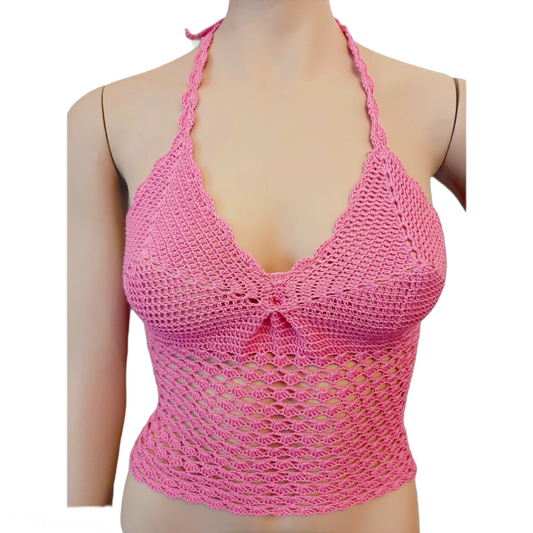 Top donna uncinetto schiena nuda 100% cotone tg S FUXIA