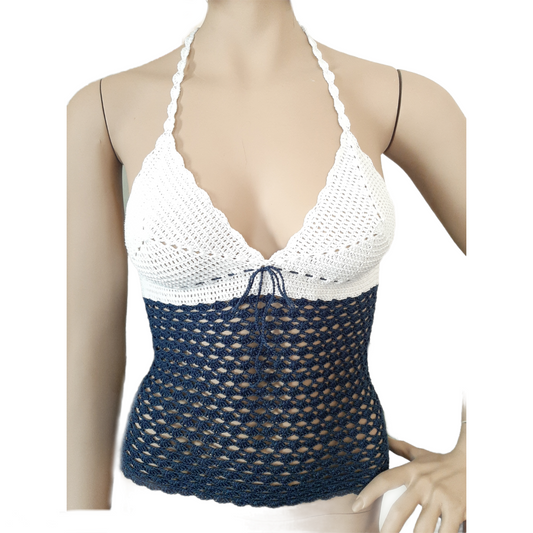 Top donna uncinetto schiena nuda 100% cotone - tg S - Blu e Bianco
