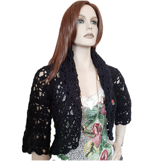 Women's black cotton lace shrug - handmade - artisanal