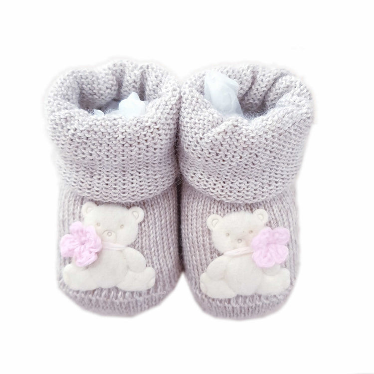 Scarpine neonata in lana con orsetto - vari colori