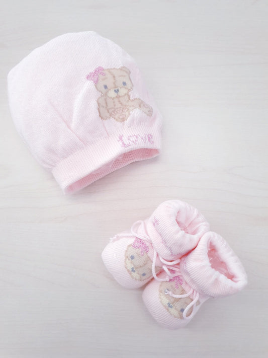 Set Cappellino e Scarpine neonata in caldo cotone con orsetto