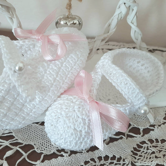 Scarpine Cotone Neonata 3-6 mesi colore bianco tipo bambola con fiocco rosa - Fairy Corner