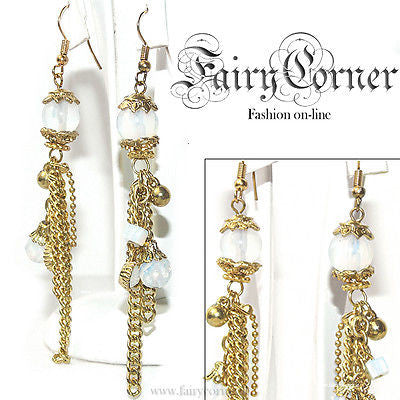 Orecchini donna lunghi tono oro vetro opale e catenelle - Fairy Corner