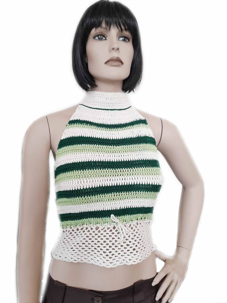 Sexy Top maglia cotone donna fatto a mano uncinetto ecrù verde taglia S/M - Fairy Corner