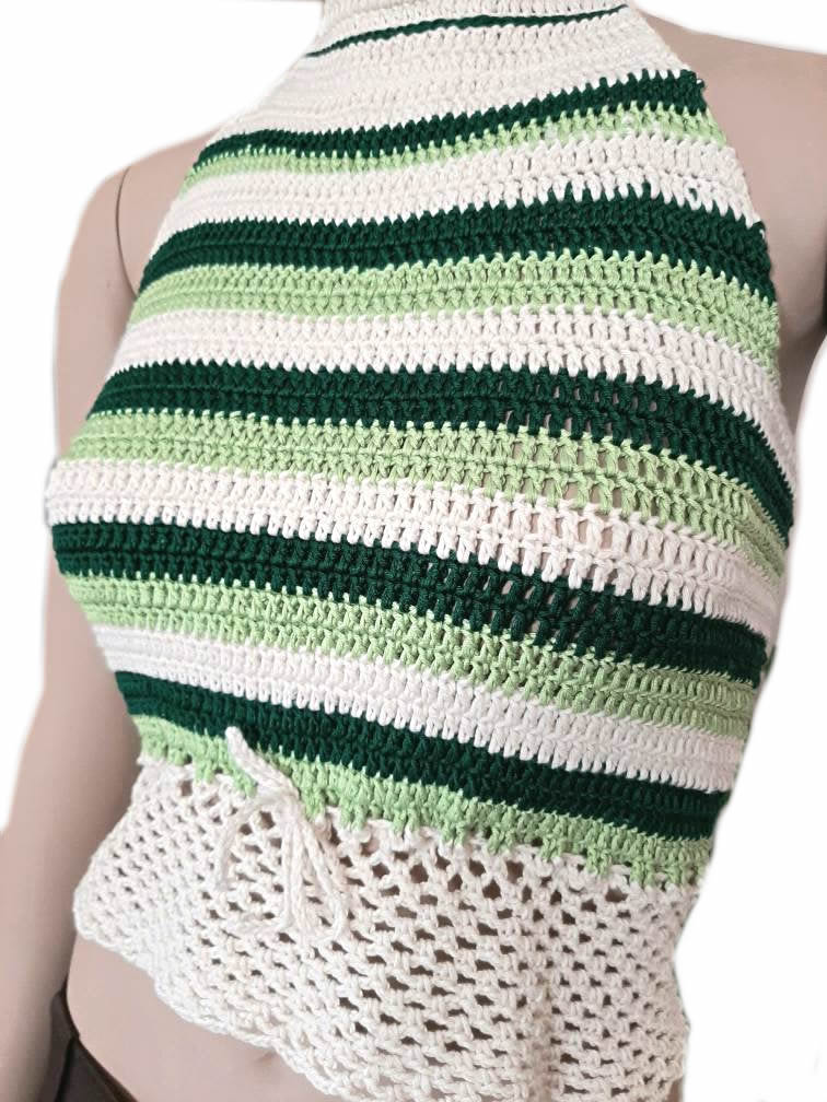 Sexy Top maglia cotone donna fatto a mano uncinetto ecrù verde taglia S/M - Fairy Corner