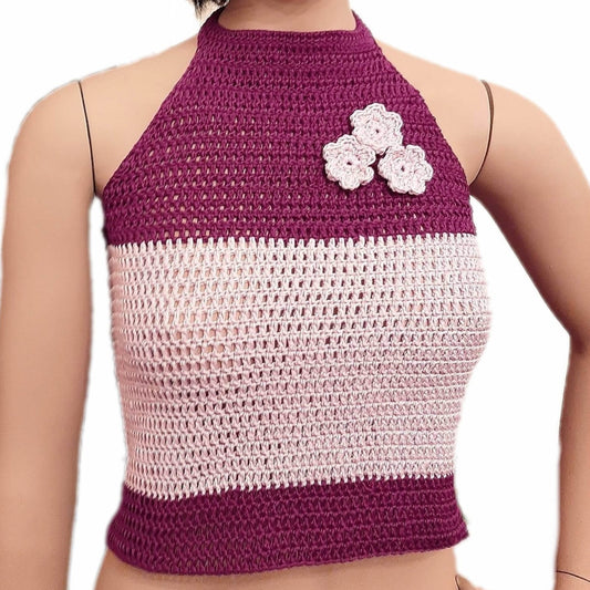 Top maglia cotone uncinetto fuxia  lilla con fiori taglia S/M - Fairy Corner