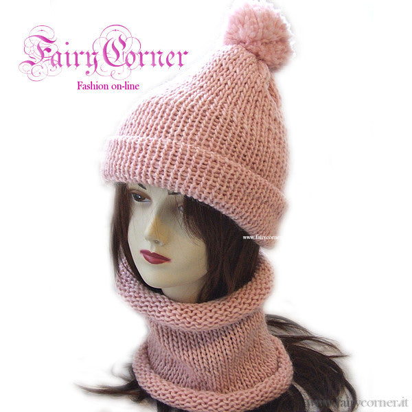 Completo berretto + sciarpa anello scaldacollo alpaca rosa - Fairy Corner