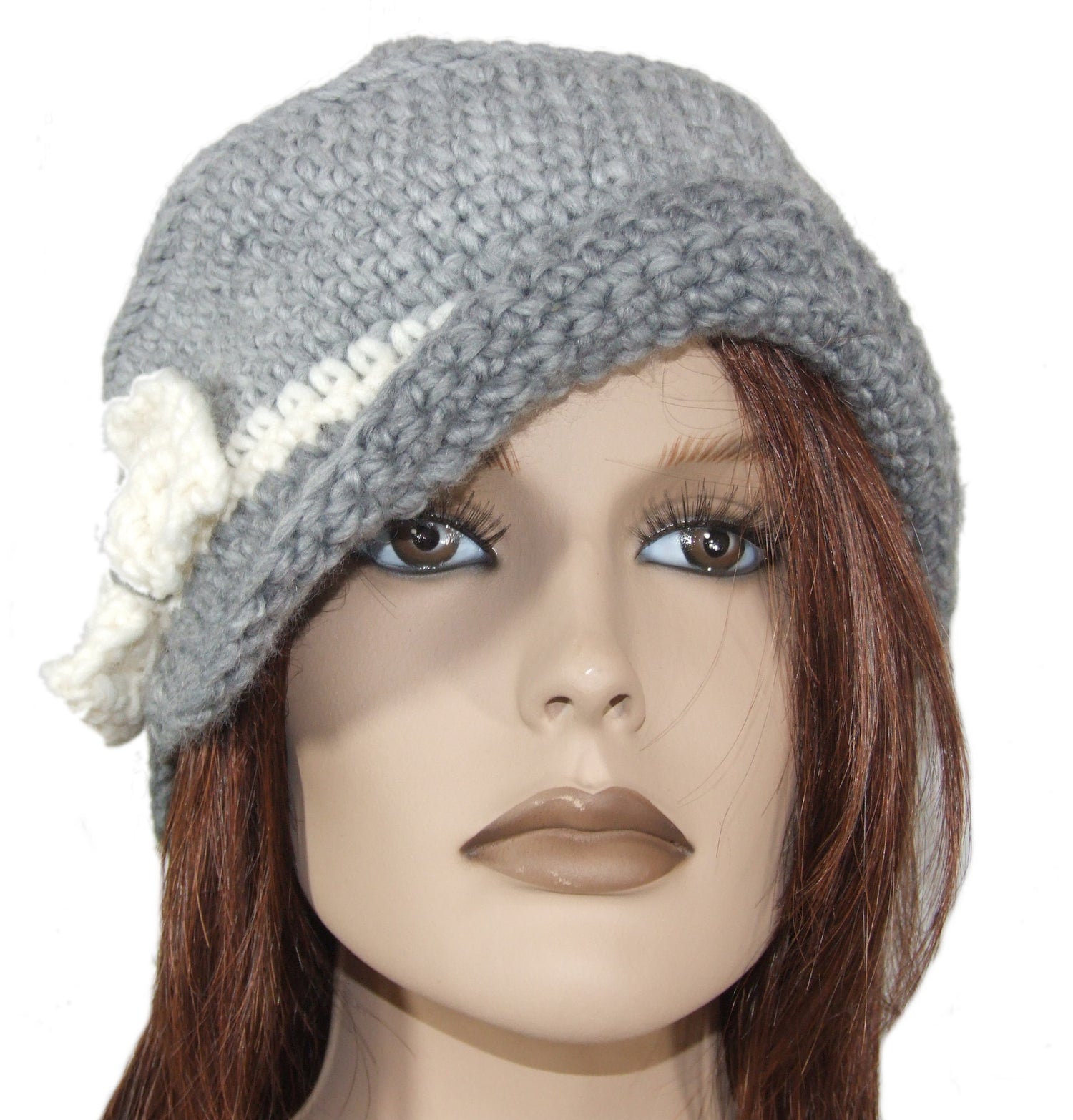 Cappello berretto lana donna bianco grigio con fiocco - fatto a mano - Fairy Corner