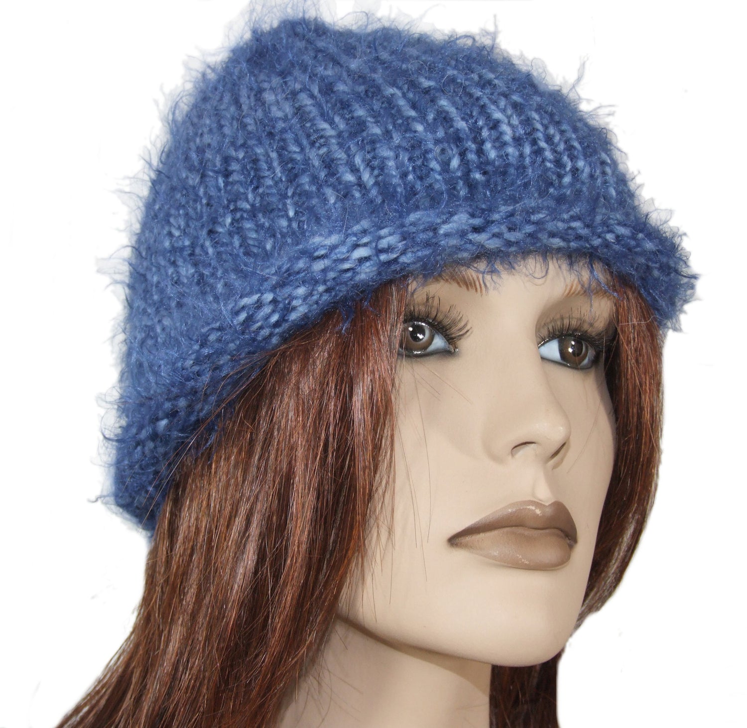 Berretto cappello donna lana fatto a mano maglia effetto pelo BLU - Fairy Corner