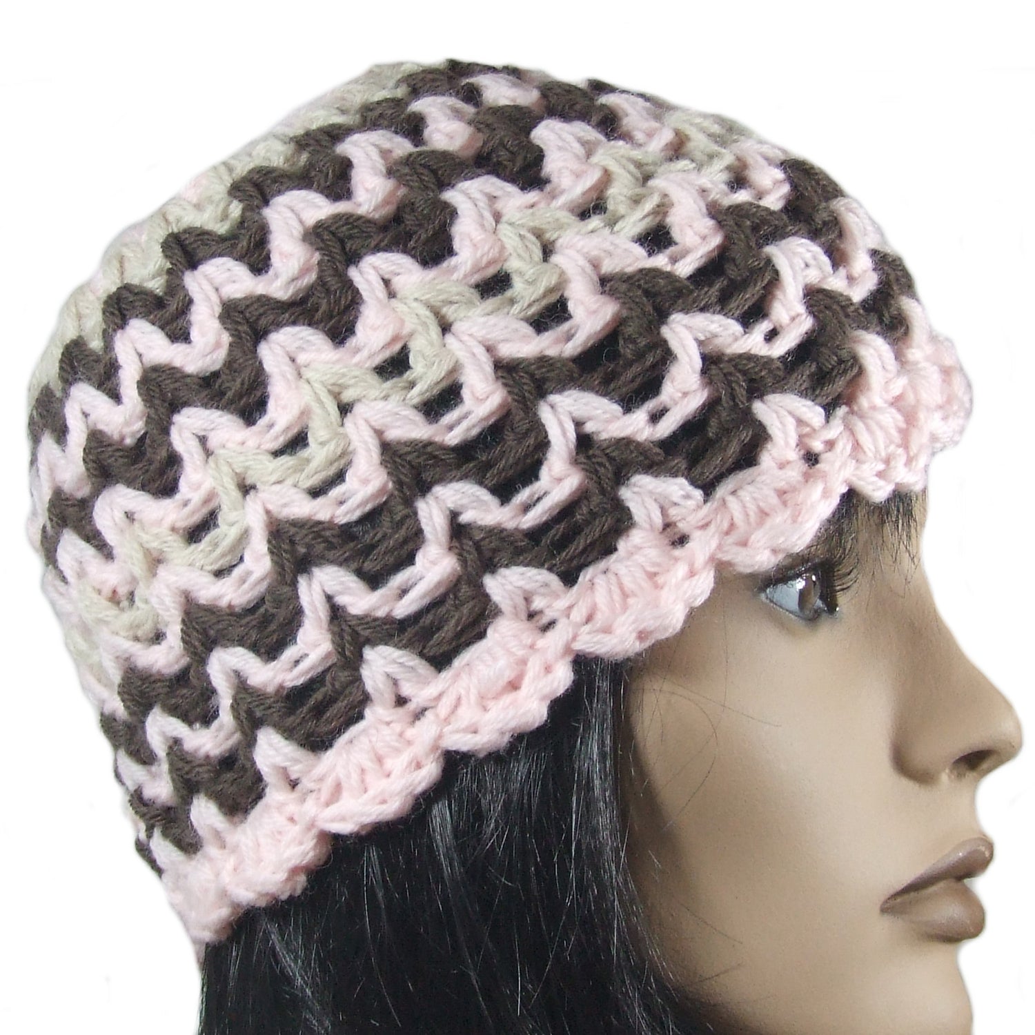 Berretto lana cappello donna mod ZIG ZAG tre colori marrone rosa beige - uncinetto - artigianale - Fairy Corner