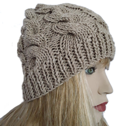 Handcrafted golden beige Trecce wool beanie hat for women